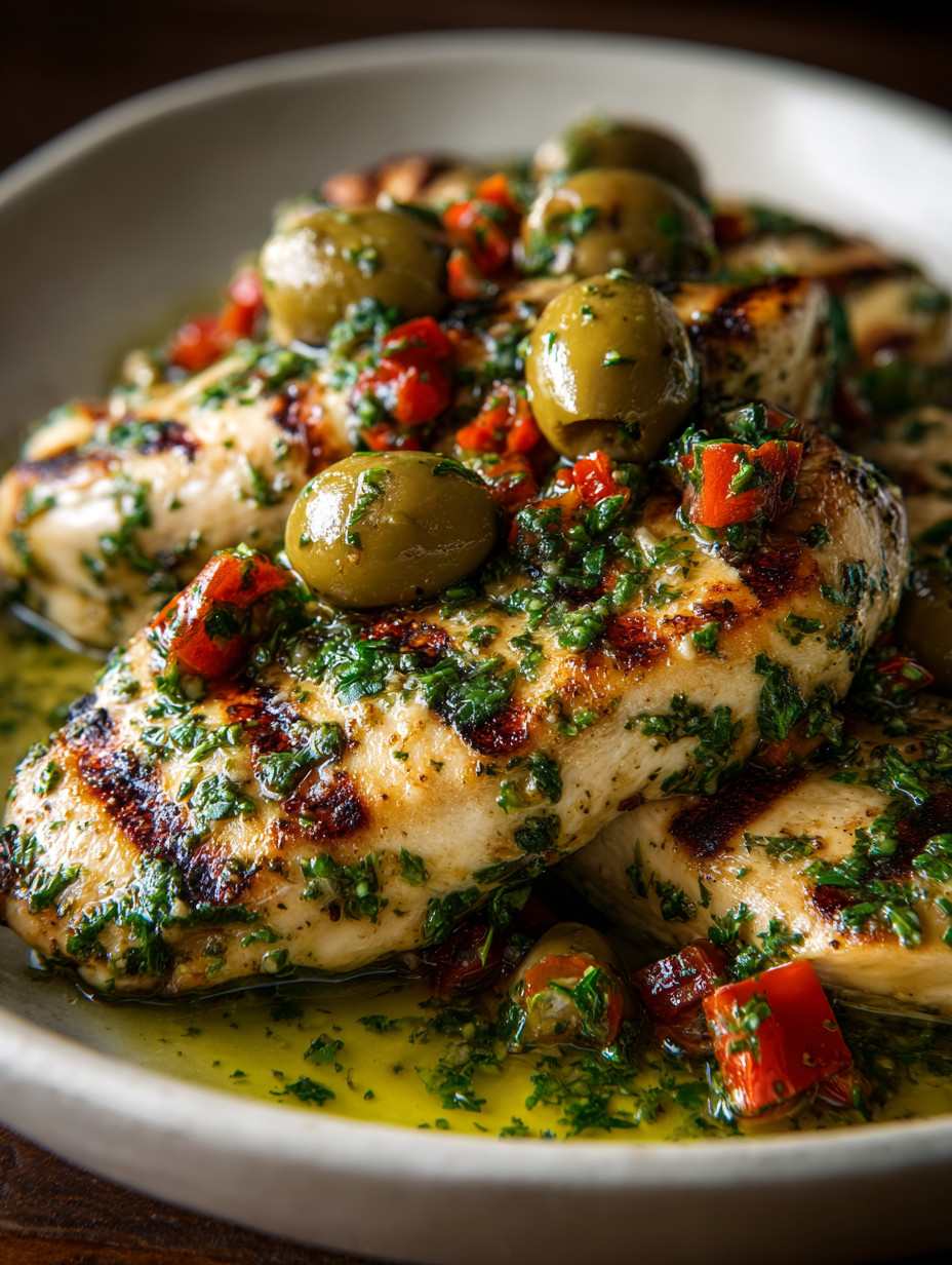 A bowl of chicken with green herbs and olives.