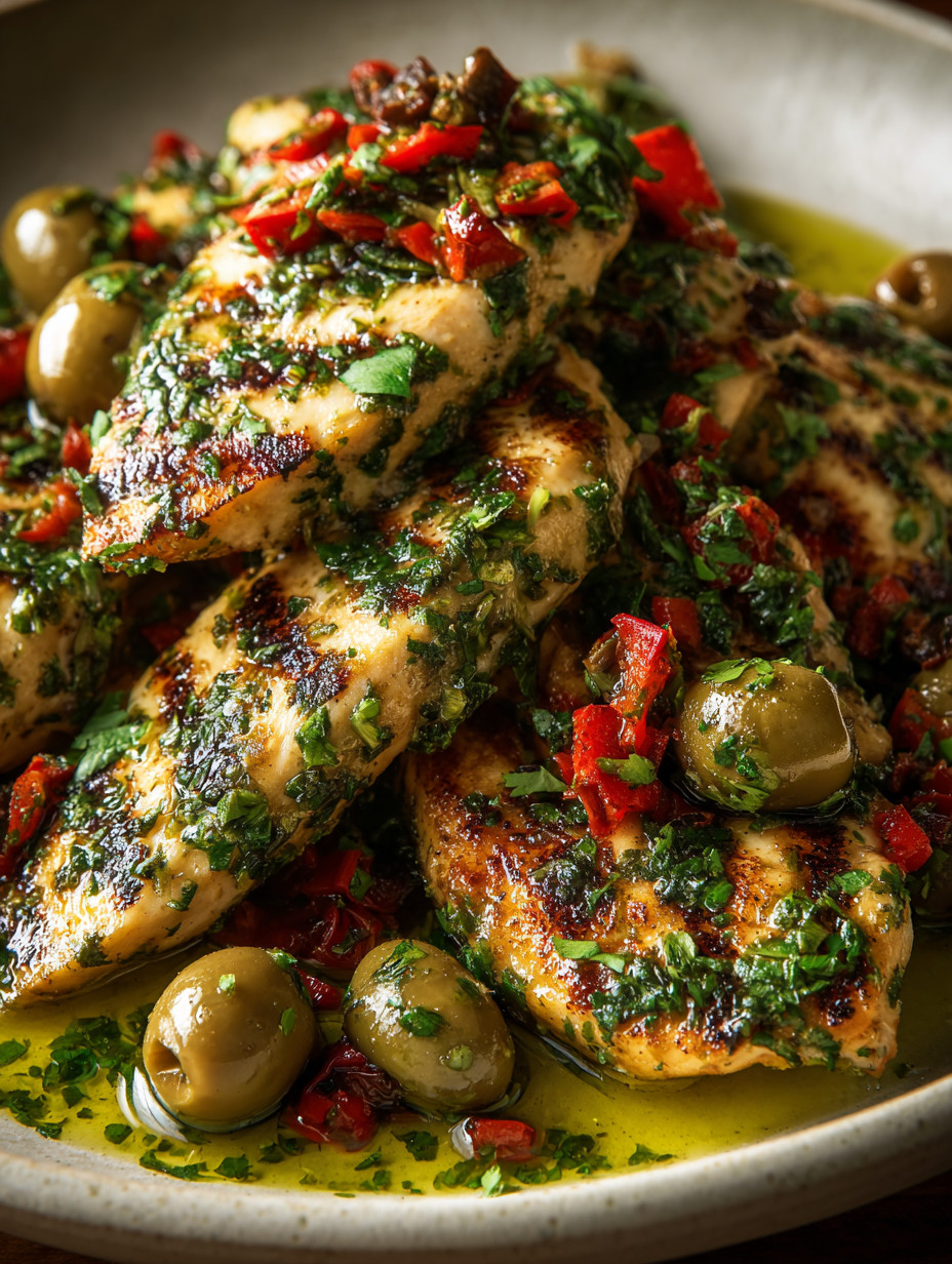 Chicken with green herbs and olives.