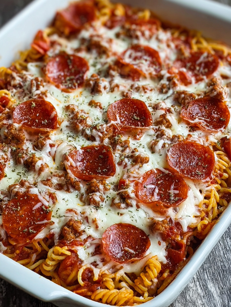 A plate of spaghetti with pepperoni and cheese.