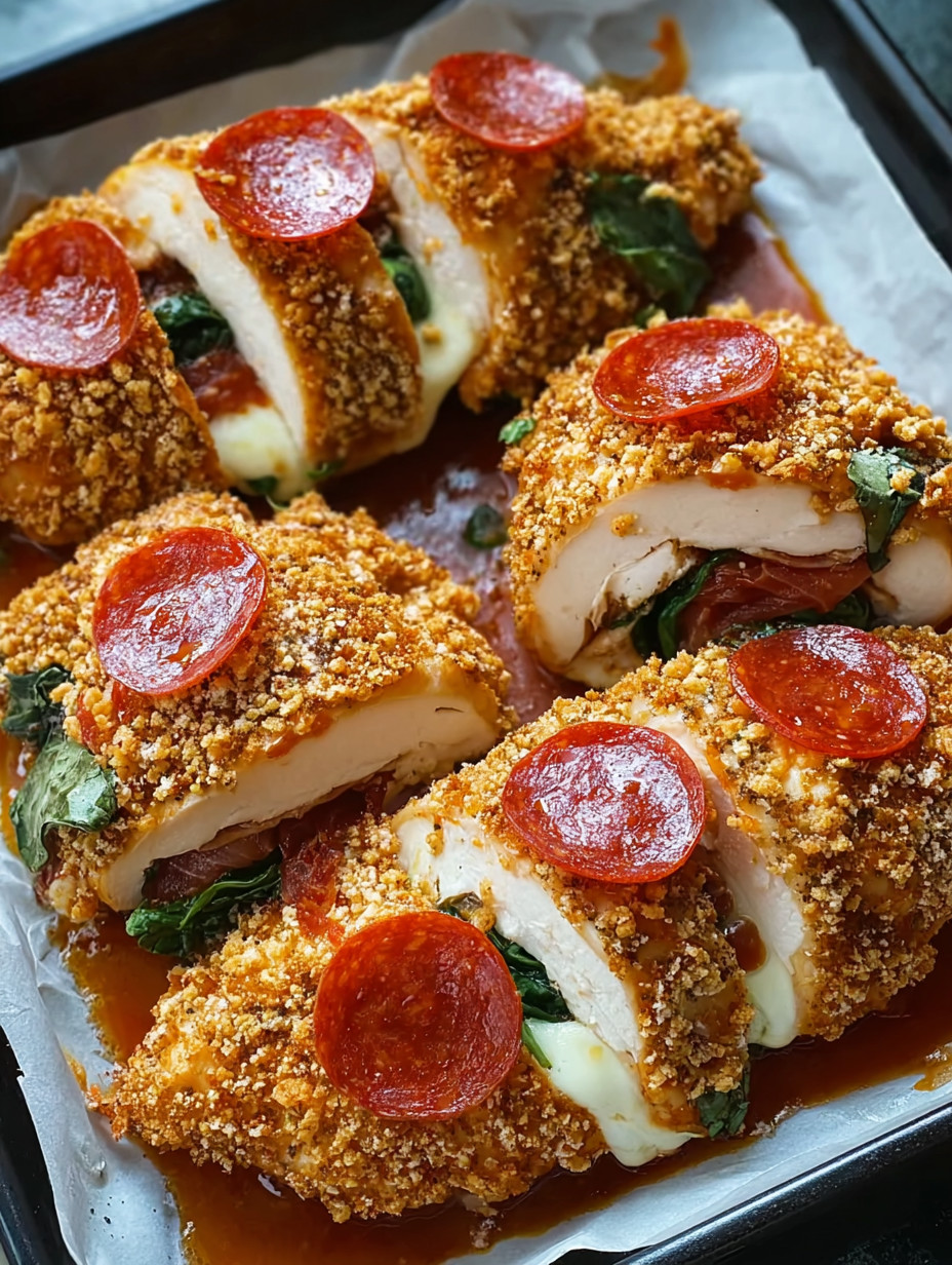 A plate of chicken with pepperoni and spinach.