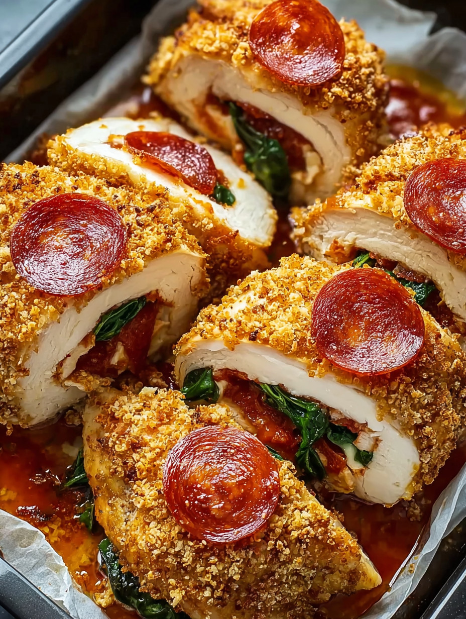 Chicken with pepperoni and spinach.