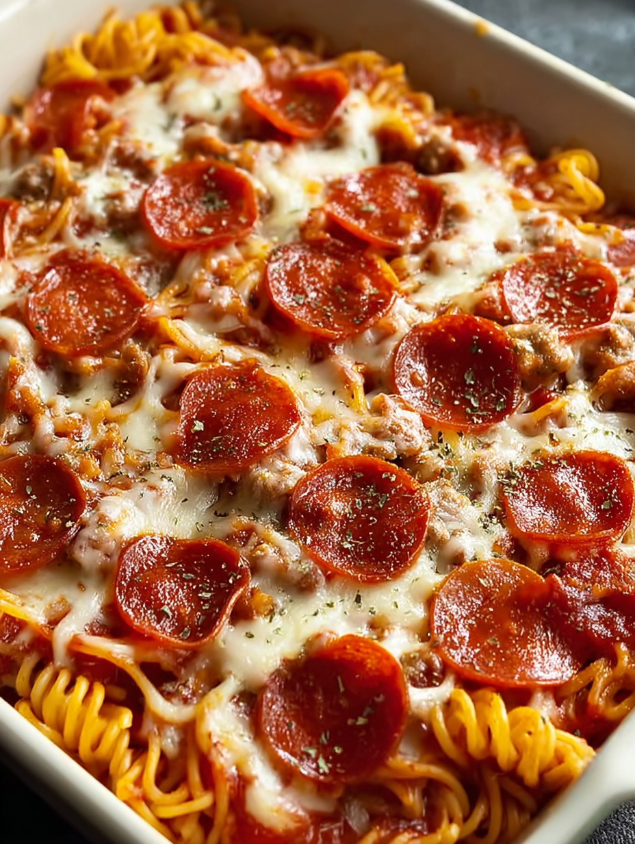 A plate of spaghetti with pepperoni and cheese.