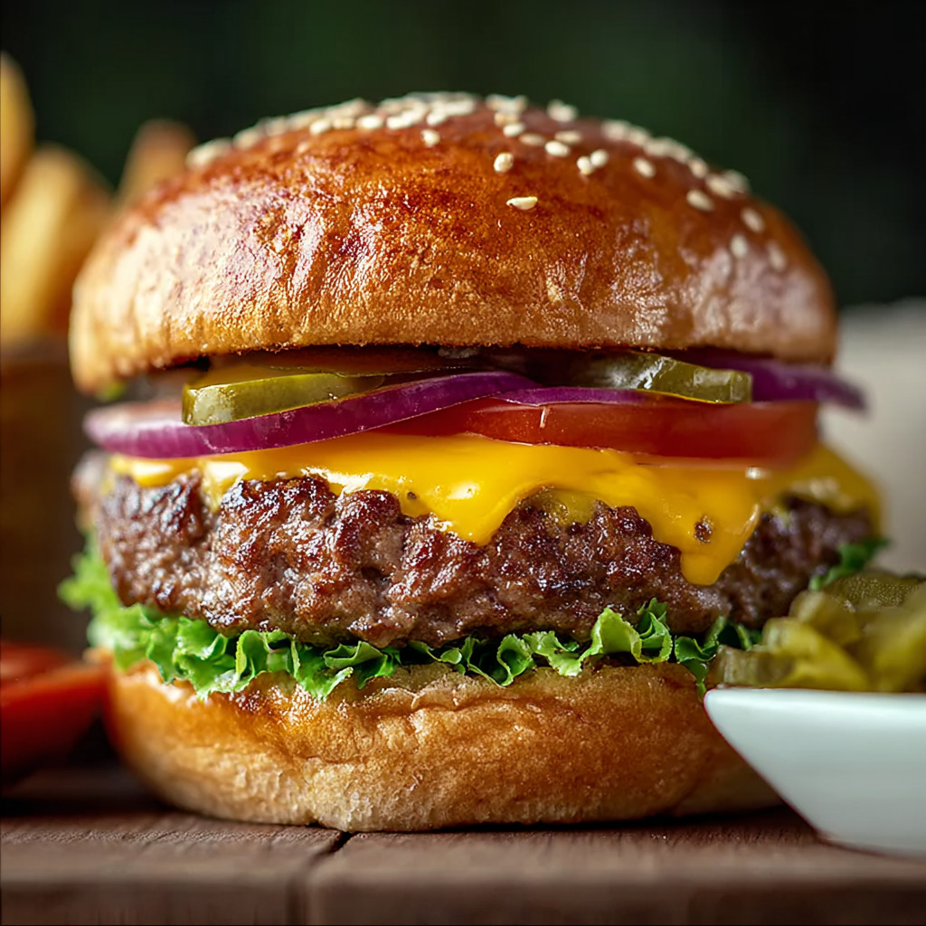 A close up of a burger with lettuce, tomato, pickles and cheese.