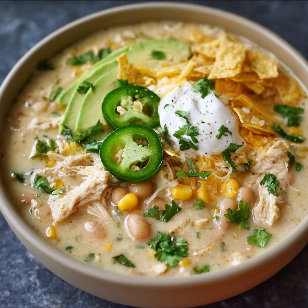 A bowl of soup with chips and avocado.