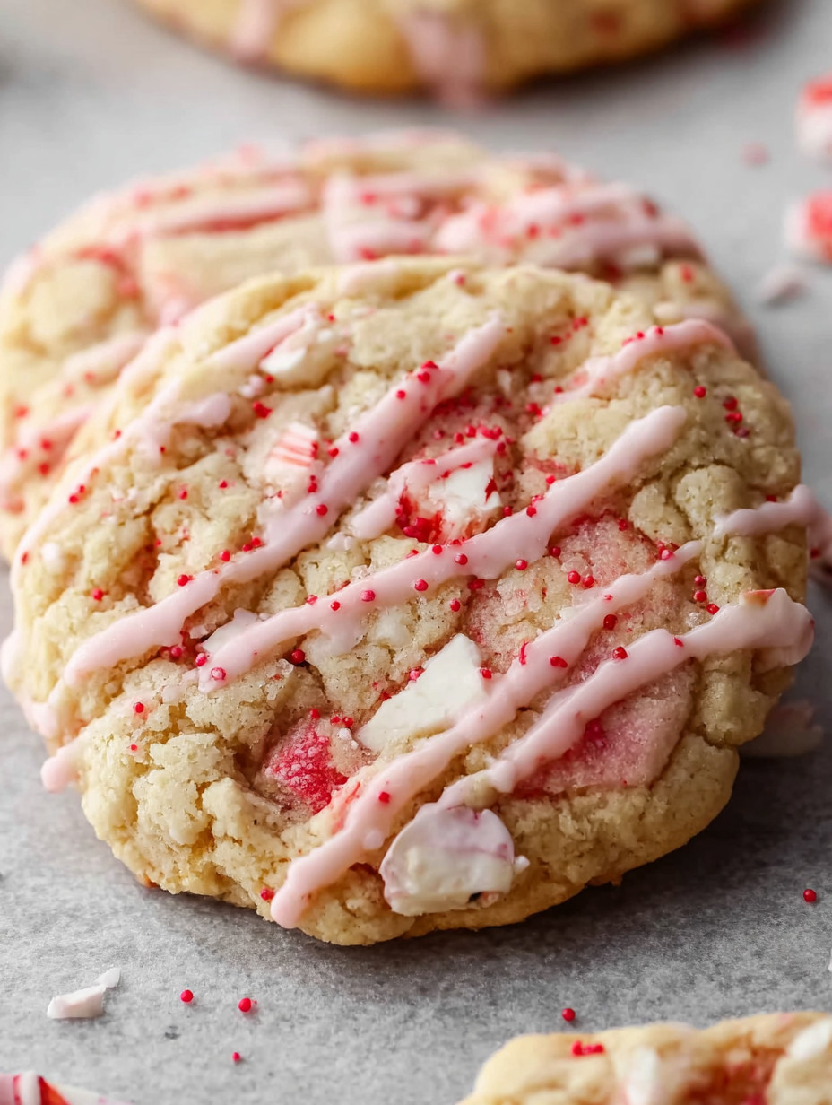A cookie with pink frosting and red sprinkles.