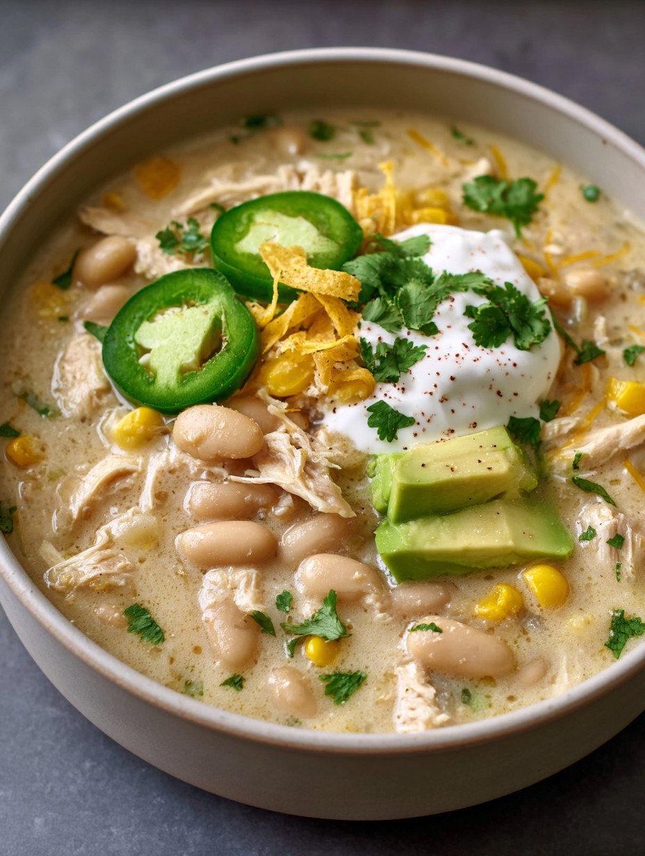 A bowl of soup with chicken, beans, corn, and peppers.
