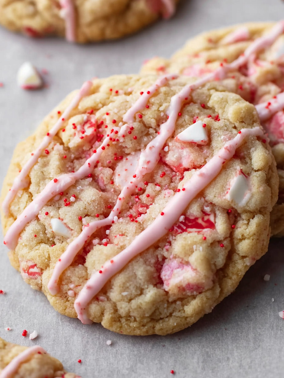 A cookie with pink frosting and red sprinkles.