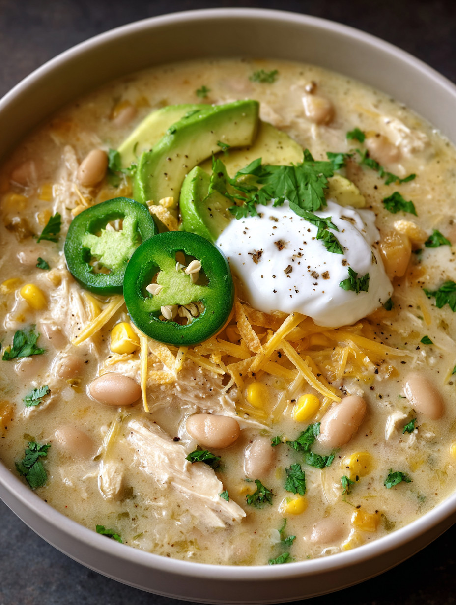 A bowl of soup with chicken, beans, corn, and peppers.