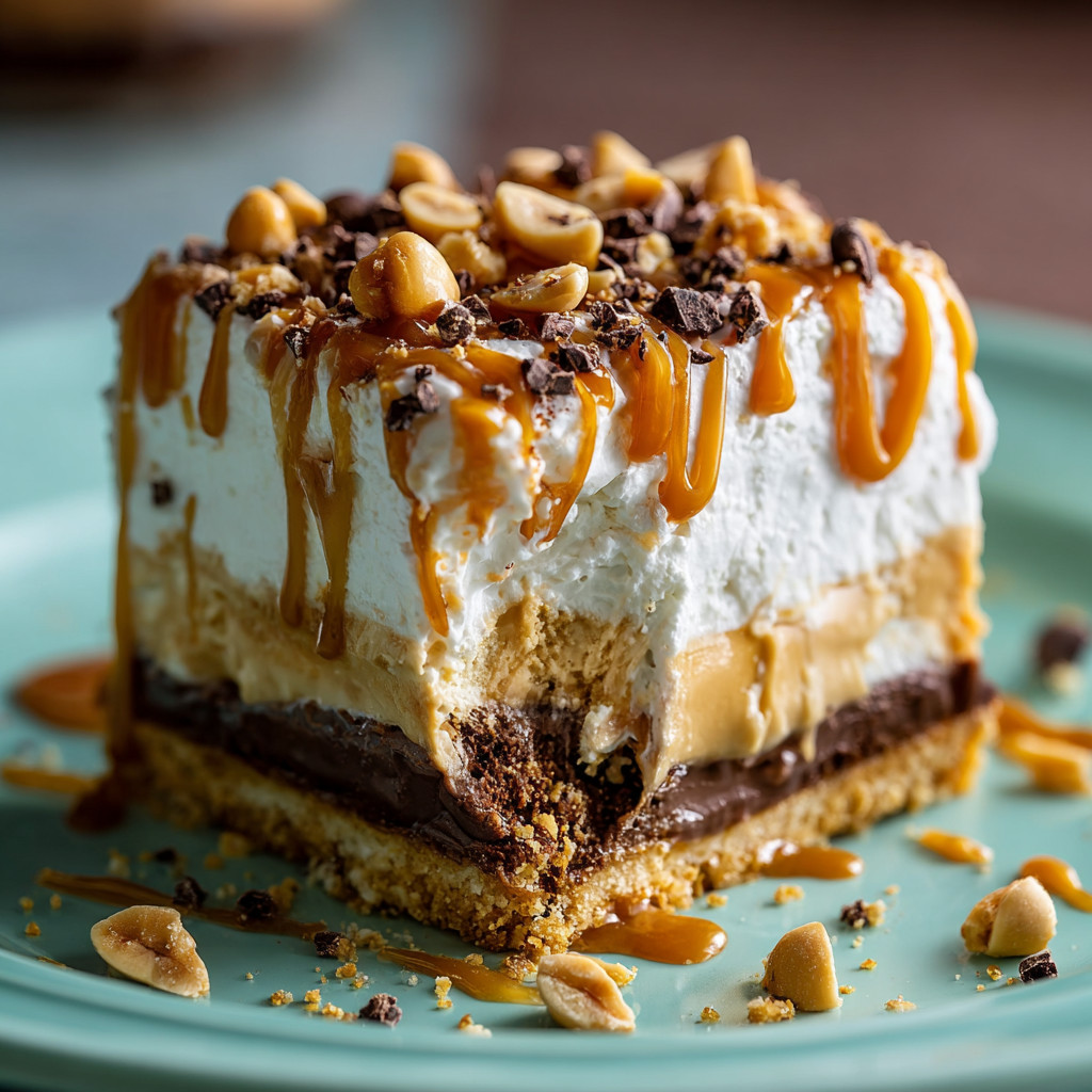 A slice of pie with caramel and nuts.