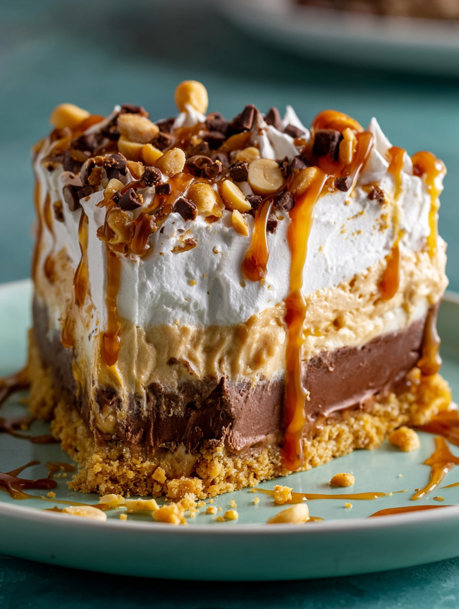 A slice of pie with caramel drizzled on top.