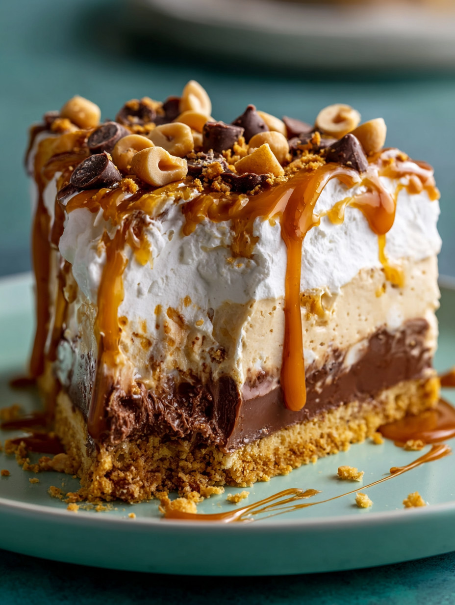 A slice of cake with caramel drizzled on top.