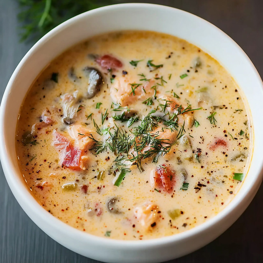 A bowl of soup with a spoon in it.