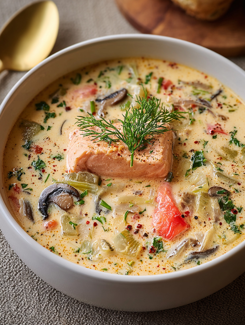 A bowl of soup with a salmon fillet on top.