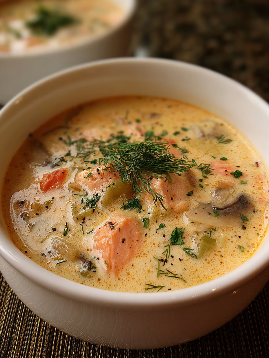 A bowl of soup with a sprig of parsley on top.