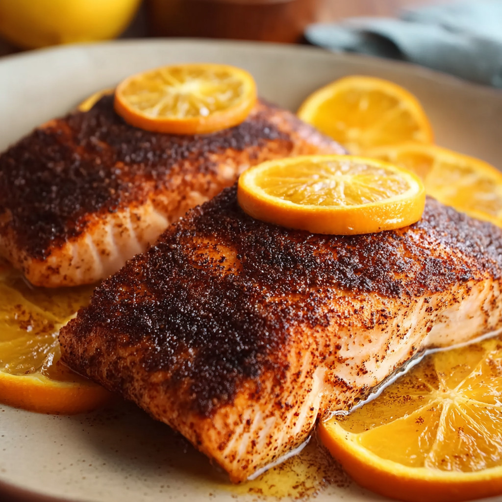A plate of fish with lemon slices on top.