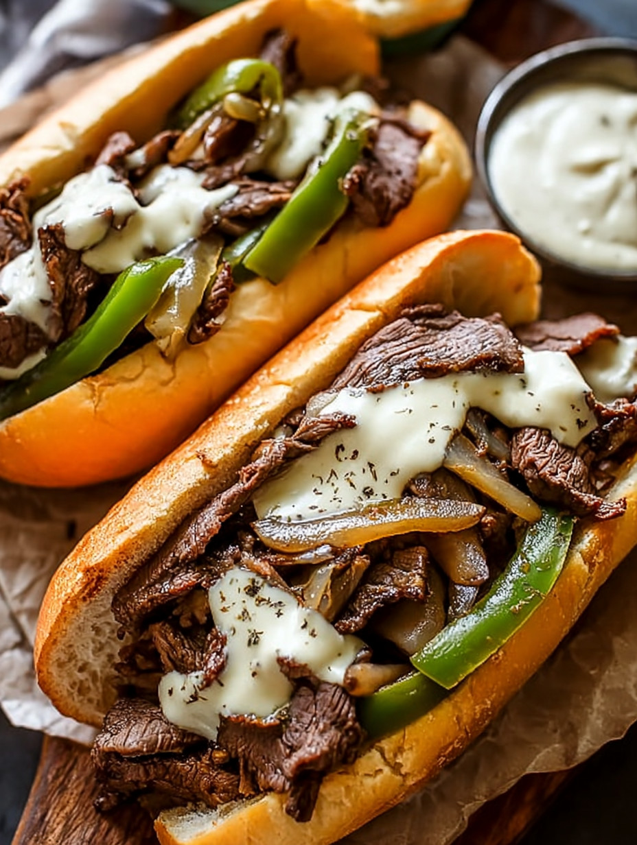 Two sandwiches with meat and peppers.