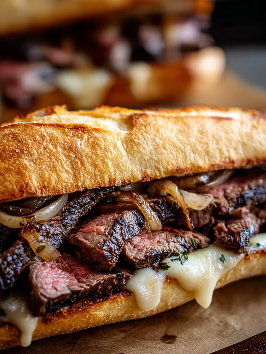 A sandwich with meat, onions, and cheese.