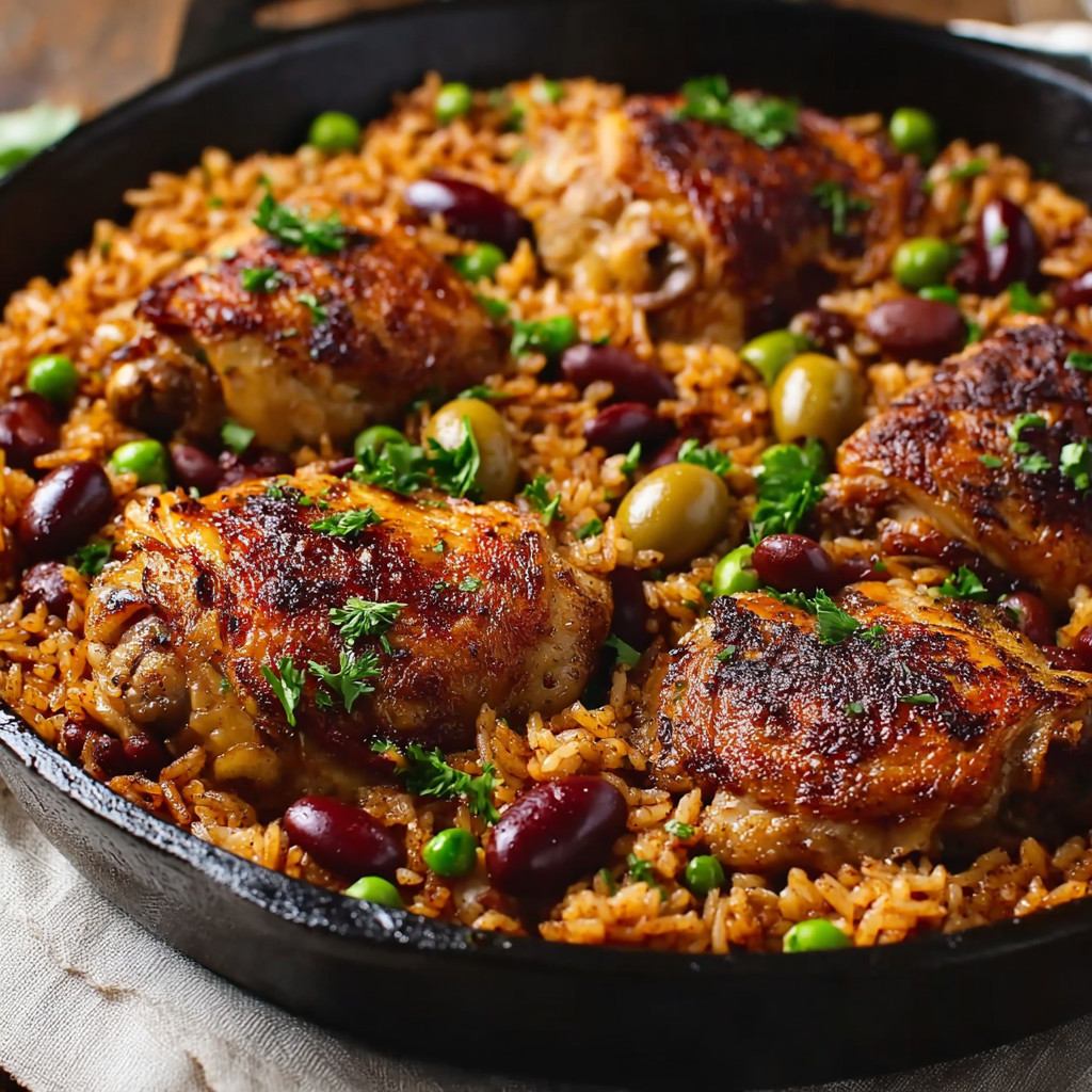 A pan of rice with chicken and peas.