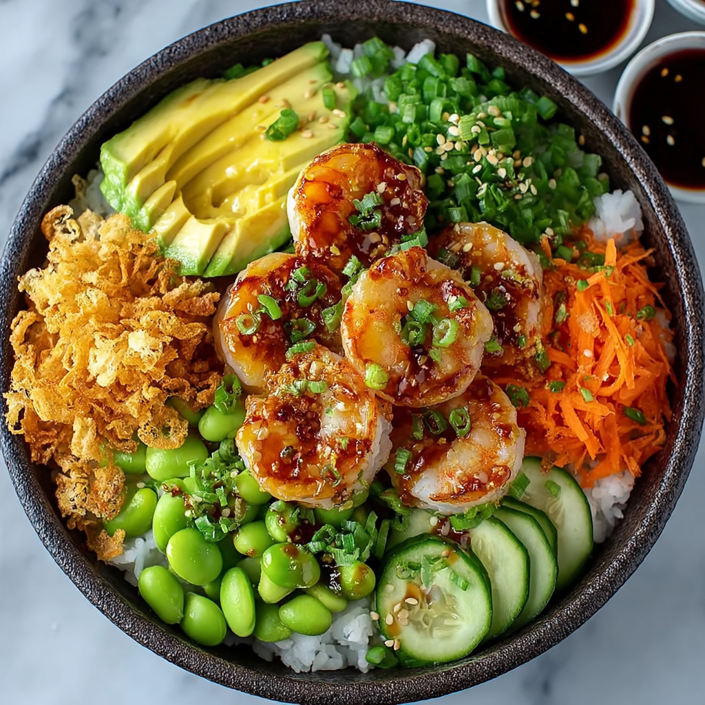 A bowl of food with shrimp, avocado, and carrots.