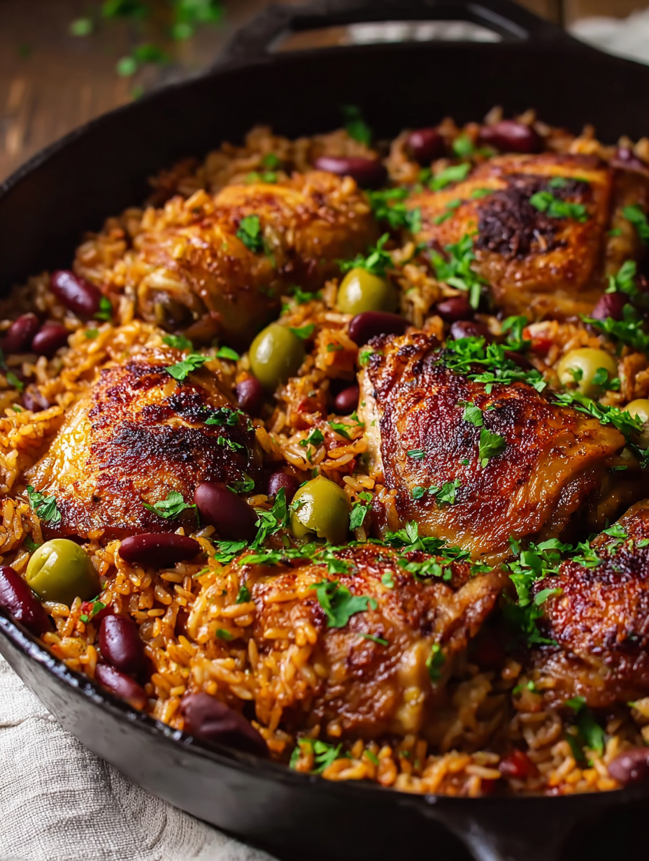 A pan of rice with chicken and beans.