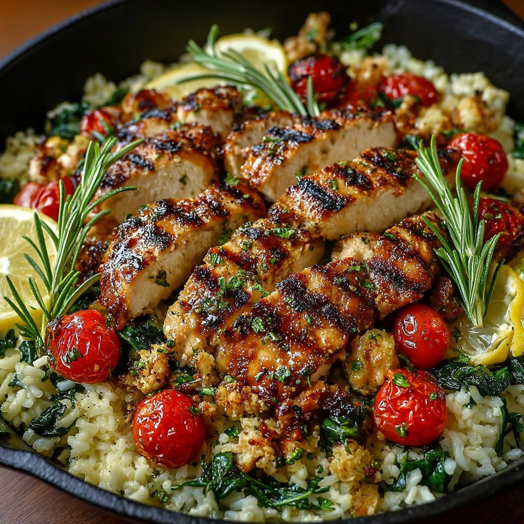A plate of food with chicken, tomatoes, and rice.