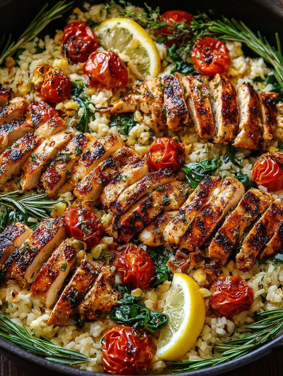 A plate of food with rice, tomatoes, and chicken.