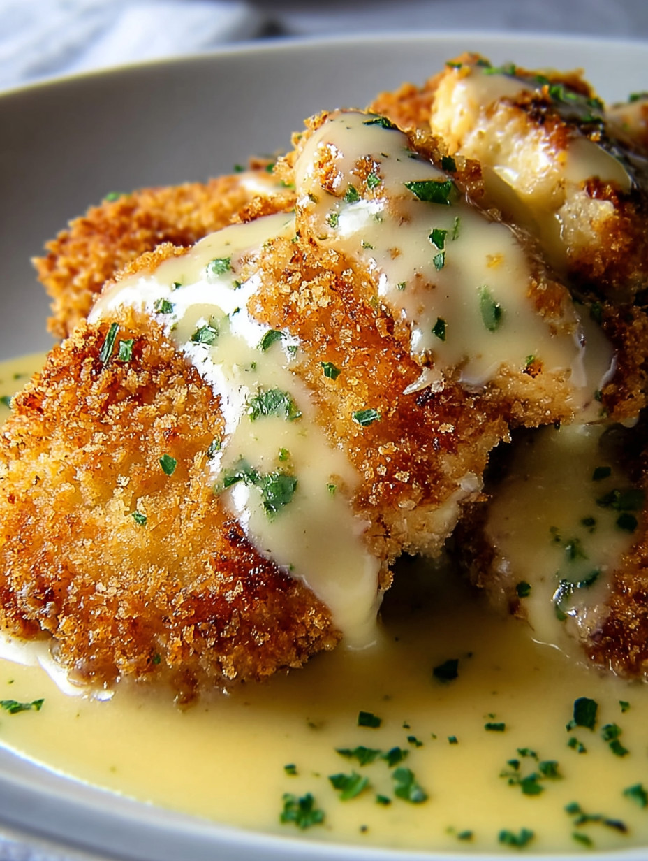 A plate of breaded meat with cheese and herbs.