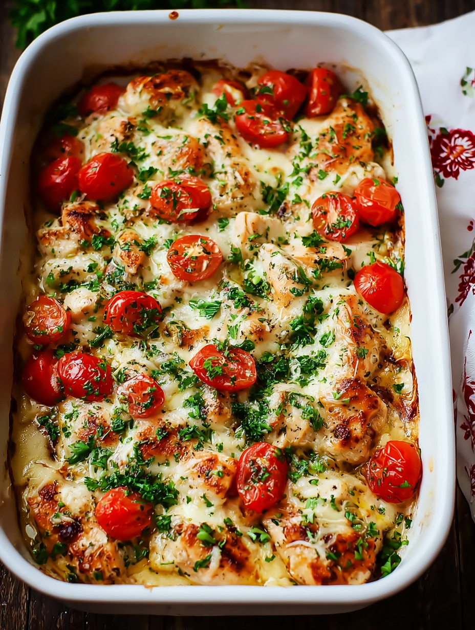 A dish of chicken and tomatoes.