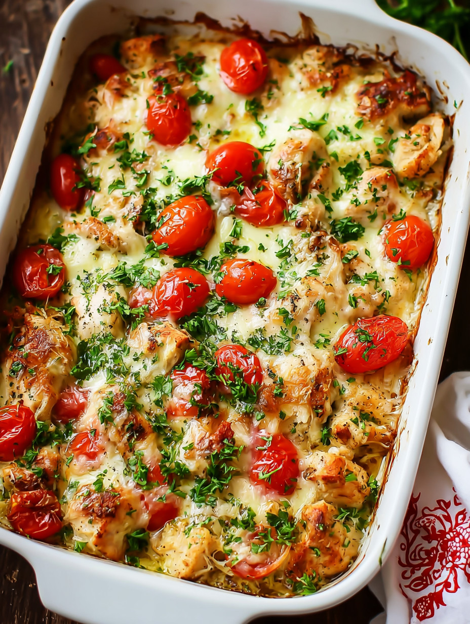 A dish of food with tomatoes and chicken.