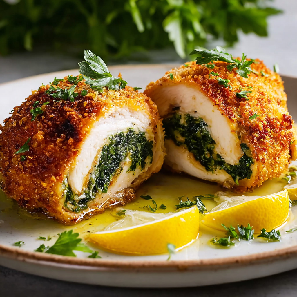 Two pieces of chicken with greens on a plate.