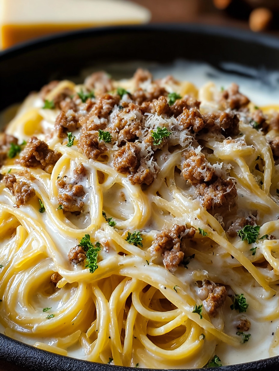 A bowl of pasta with meat and cheese.
