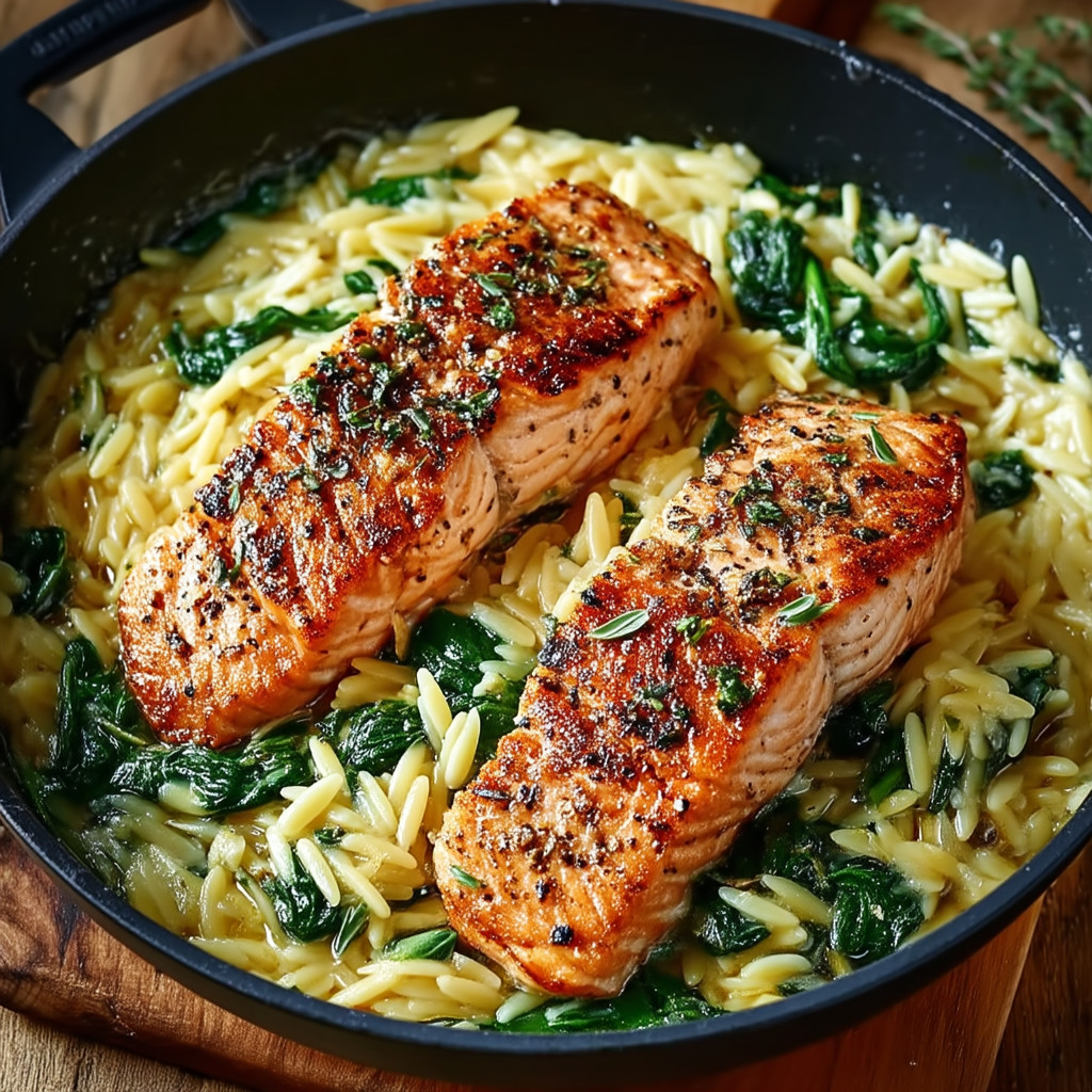 A pan of food with fish and spinach.
