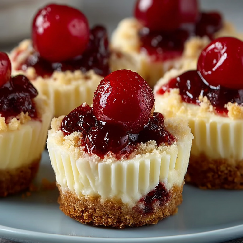 A plate of cupcakes with cherries on top.