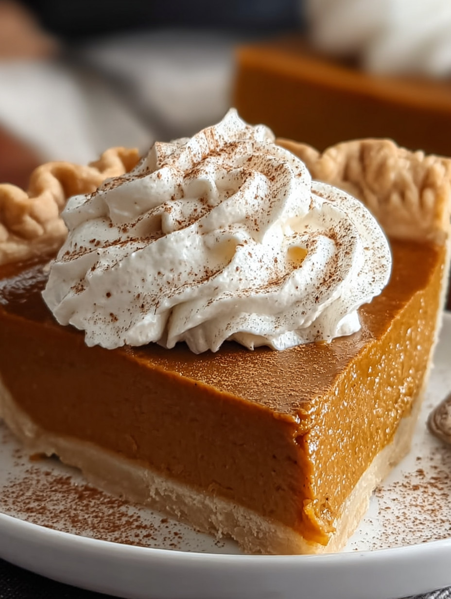 A slice of pumpkin pie with whipped cream on top.