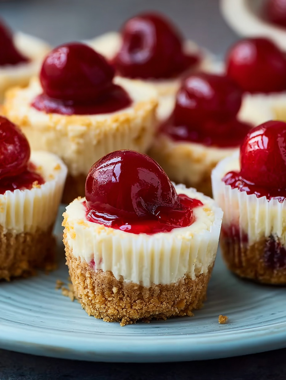 A plate of cupcakes with cherries on top.