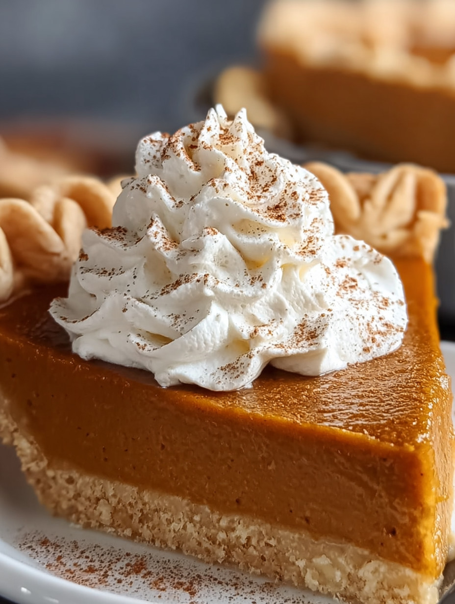 A slice of pumpkin pie with whipped cream on top.