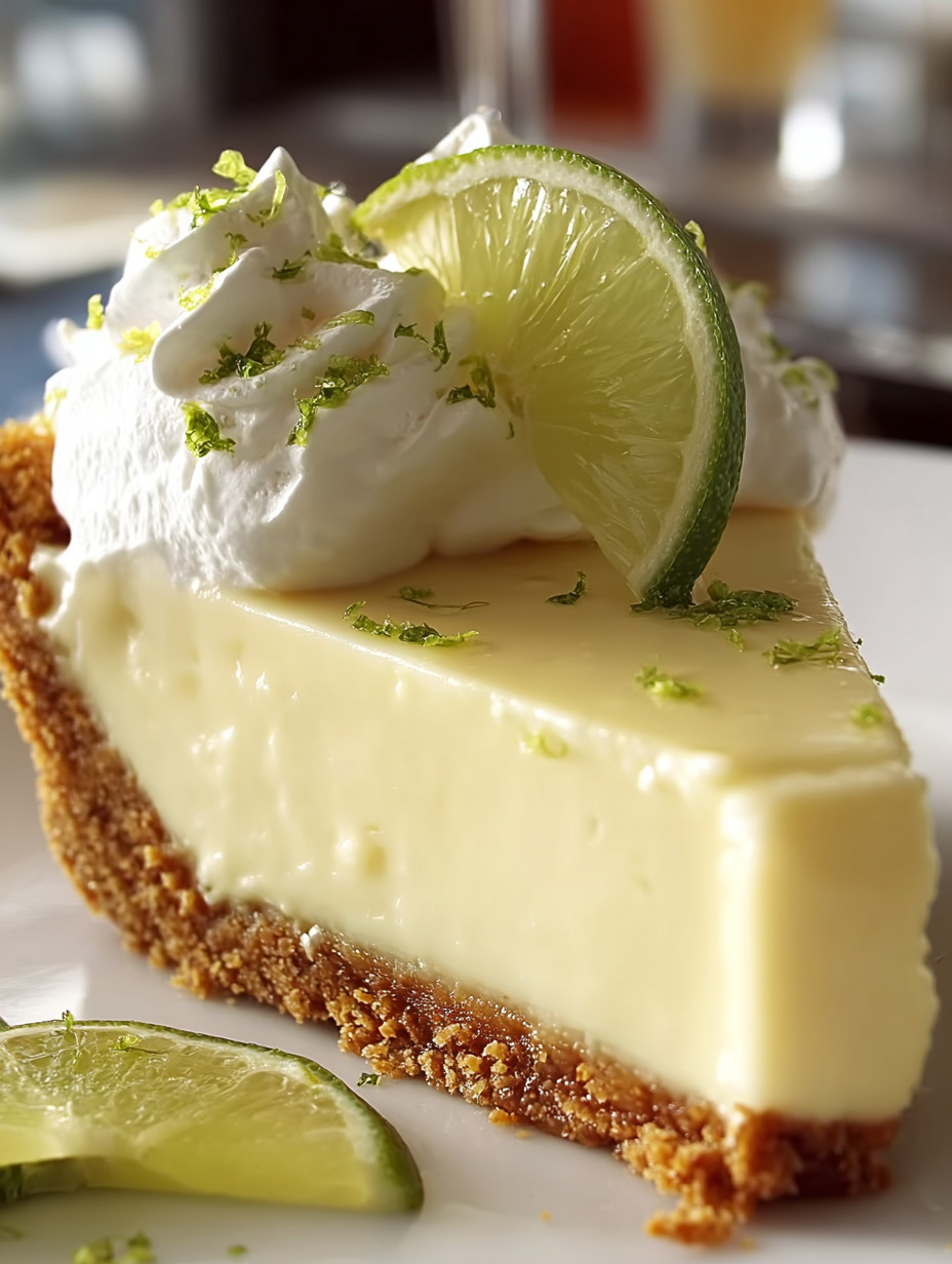 A slice of cheesecake with lime wedges on top.
