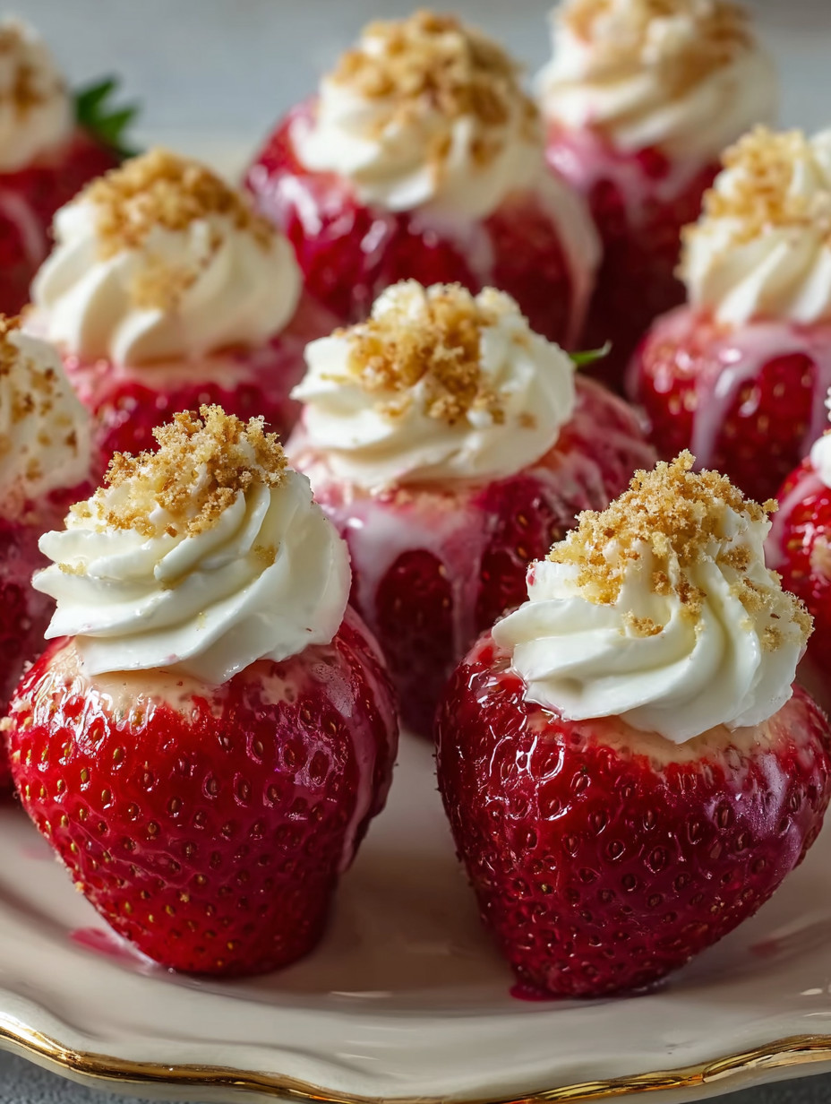 A plate of strawberries with whipped cream on top.