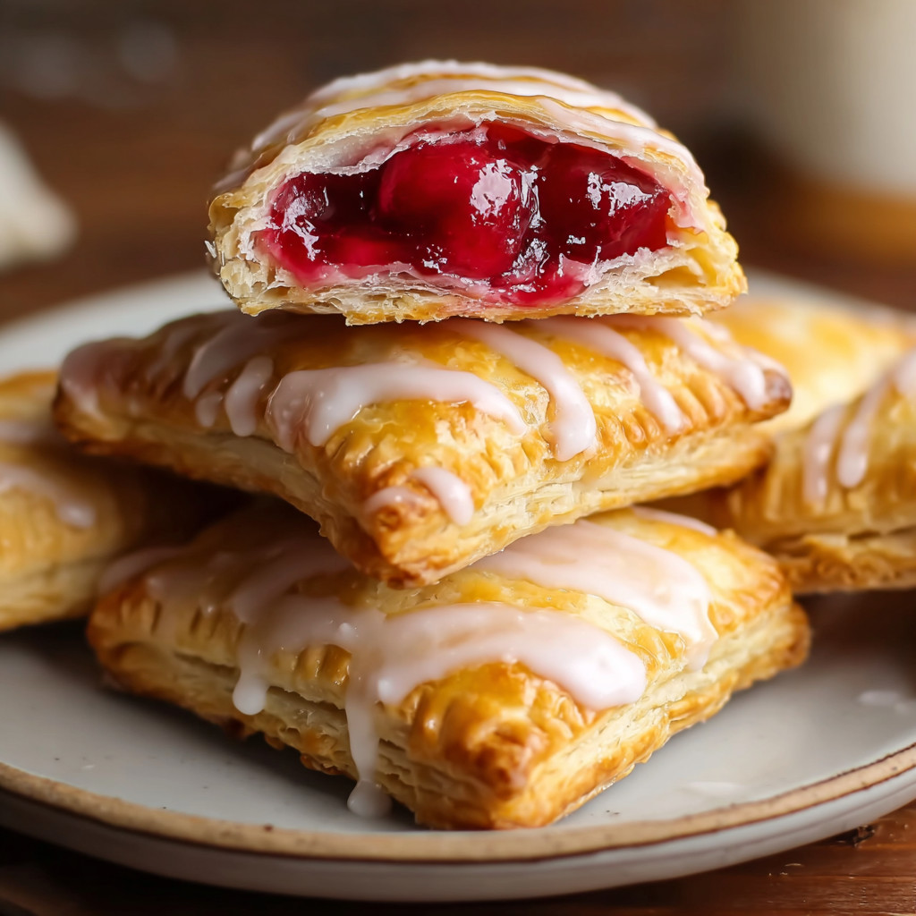 A stack of pastries with white icing and red jam.