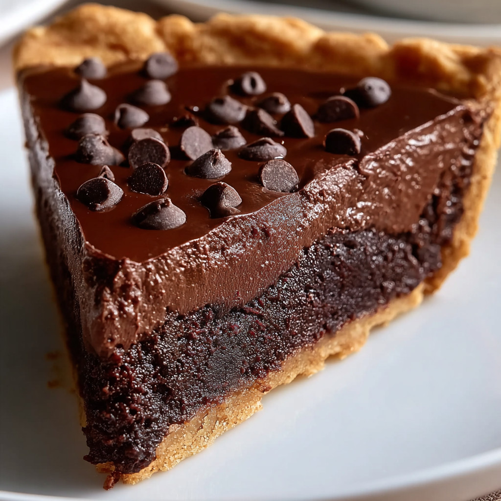 A slice of chocolate pie with chocolate chips on top.