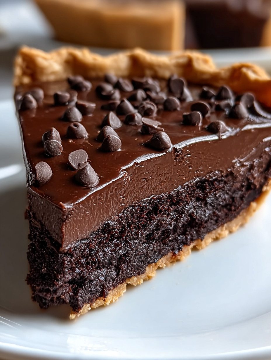 A slice of chocolate cake with chocolate chips.