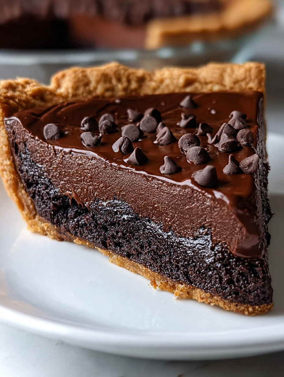 A slice of chocolate pie on a white plate.