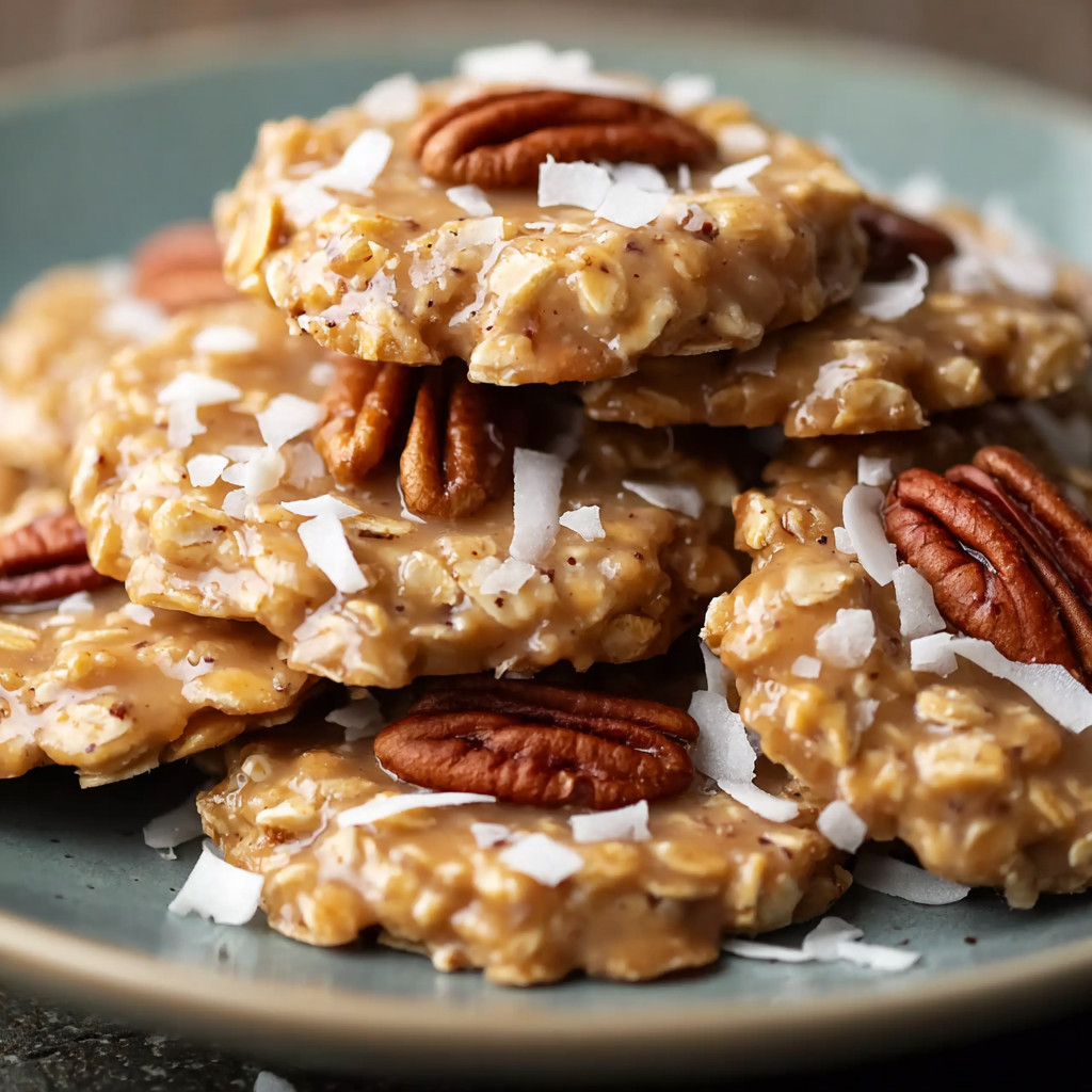 A stack of pecan cookies on a plate.