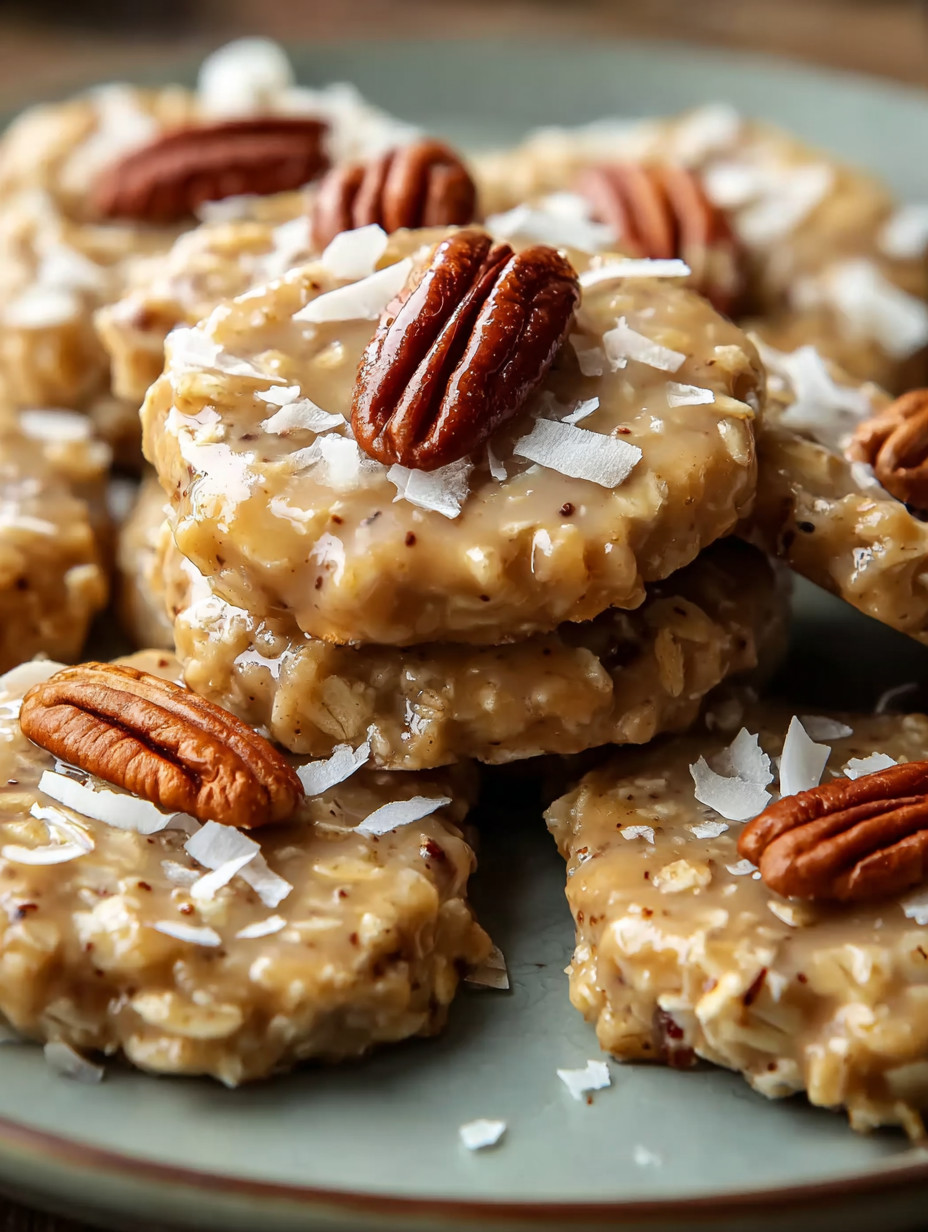 A stack of pecan pies with white sugar on top.