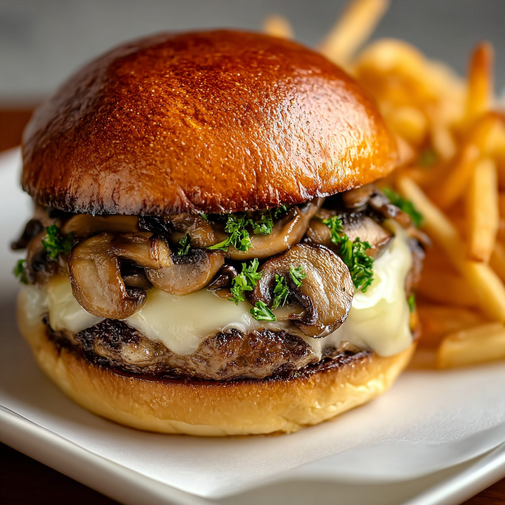 A burger with mushrooms and cheese.