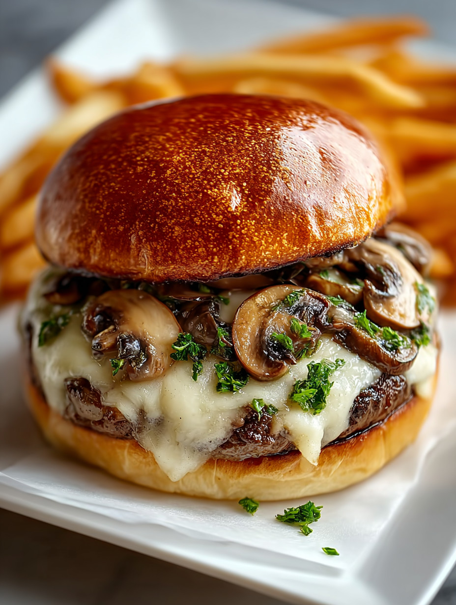 A burger with mushrooms and french fries.