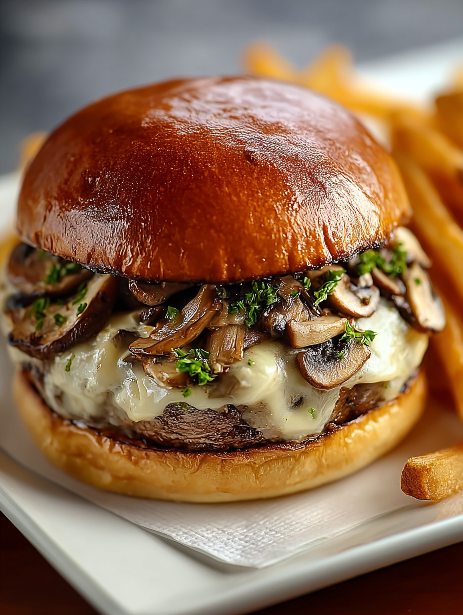 A burger with mushrooms and fries.