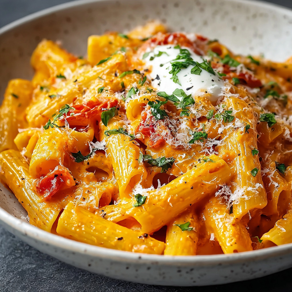 A bowl of pasta with cheese and tomatoes.