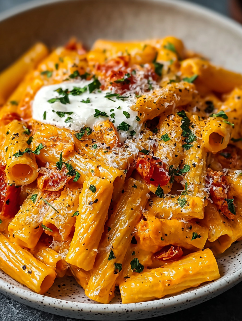 A bowl of pasta with cheese and tomatoes.