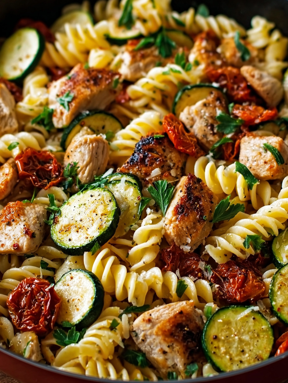A plate of pasta with chicken, zucchini, and tomatoes.
